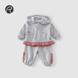 乖奇熊 女童连帽卫衣套装春秋季女宝宝衣服裤子洋气外出长袖长裤两件套 花灰 80