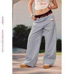 显腿长显瘦小狗刺绣条纹宽松直筒休闲裤女 蓝色条纹 L
