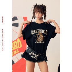 莱赛尔遮肉显瘦猫猫印花烫钻短袖T恤女装夏 黑色 L