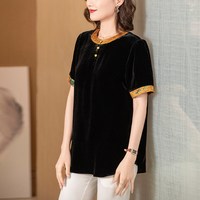 宽松复古丝绒上衣女春秋新款时尚拼接立领长袖洋气黑色真丝衬衫