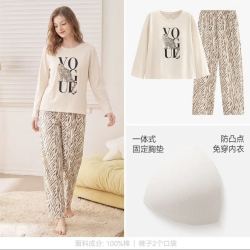 芬腾 100%纯棉带胸垫可爱家居服套装 FX27931323米杏色 L