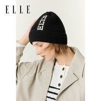 ELLE logo提花针织帽女士秋冬季包头护耳保暖帽户外防风毛线帽冷帽 黑色