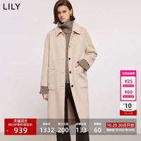 LILY 100%羊毛简约翻领宽松通勤浅色毛呢大衣外套女长款