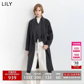 LILY 西装领廓形毛呢外套100%羊毛长款双面呢大衣