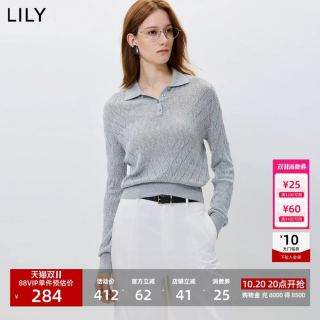 LILY 学院风POLO领镂空菱格休闲通勤长袖套头针织衫