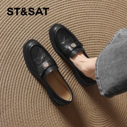 星期六 ST&SAT 黑色乐福鞋女款2026新款秋冬真皮英伦皮鞋通勤女鞋粗跟单鞋