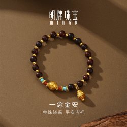 明牌珠宝 一念金安硬金串珠 黄金六字箴言金珠手串足金手链AFK0544