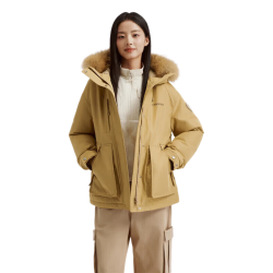 坦博尔 鹅绒派克毛领羽绒服男女同款26年新款冬季保暖工装外套 麦穗卡其 S (160