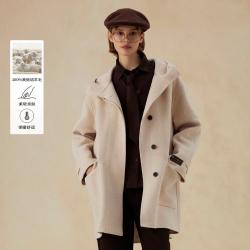 E·LAND 衣恋 E.LAND Eland毛呢外套女连帽牛角扣手工大衣春秋