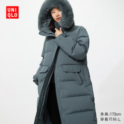 优衣库 高级保暖羽绒长大衣女装外套夹克487412 07 青灰色 L