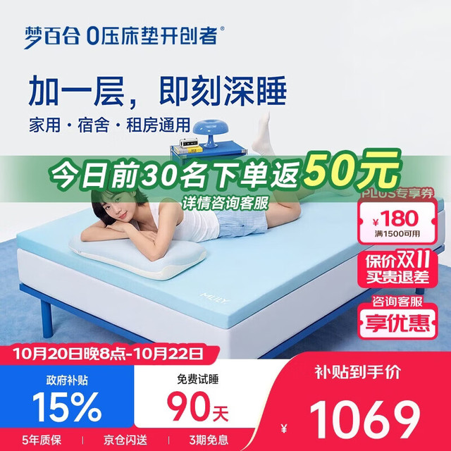 PLUS会员：梦百合 0压深睡薄垫记忆棉软垫家用租房双人床床褥床垫1.8米x2.0米*6cm