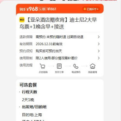 美团 亚朵酒店 上海迪士尼2大早鸟票+1晚含早餐+接送 原价1861元 现价968元