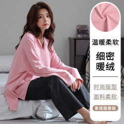 芬腾可安 软绒加绒加厚冬季保暖德绒女睡衣套装可外穿透气柔软家居服 粉红色德绒套装 XXL
