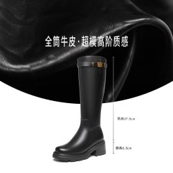 他她 卢昱晓同款超模加绒骑士靴长靴女牛皮大筒围高筒靴2026冬