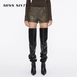 MISS SIXTY 休闲裤女简约时尚真皮短款超短裤直筒高级羊皮革中腰