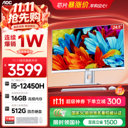 AOC 电脑台式机一体机24.5英寸高清AI学习商用办公家用整机（12代酷睿I5-12450H 16G 512G WiFi 蓝牙)