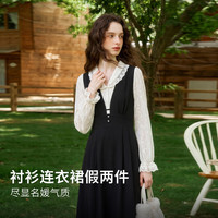 OLRAIN欧芮儿 法式假两件花边翻领 黑色 M 连衣裙