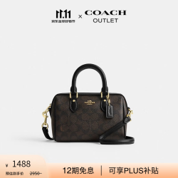 COACH 奥莱女士经典标志老花ROWAN 迷你单肩斜挎包 IM/胡桃木色/黑色