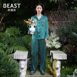 野兽派 绿条纹小狐狸印花真丝情侣睡衣家居服生日礼物