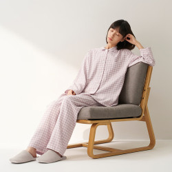 無印良品 MUJI 无侧缝 双层纱织睡衣 浅粉红色格纹  M