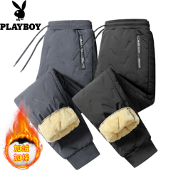 PLAYBOY 秋冬季保暖休闲裤子男加绒加厚外穿防风防寒大码棉裤 灰色束脚+黑色束脚 XL
