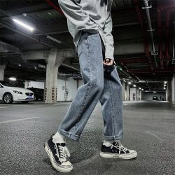 月伊纺 夏季宽松水洗牛仔裤男士纯色百搭阔腿休闲裤青年美式直筒哈伦长裤