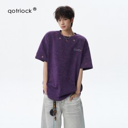QOTRIOCK 美式乌梅紫扎染风刺绣圆领短袖男夏季重磅设计感水洗情侣圆领短袖