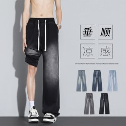 月伊纺 夏季新款宽松直筒休闲裤男士百搭莱赛尔冰丝牛仔裤青年垂感哈伦裤