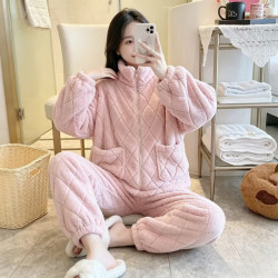 宝娜斯 秋冬保暖珊瑚绒睡衣套装女 加绒立领拉链双口袋 居家服可外穿
