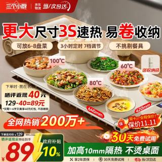 三个小厨 暖菜板速热菜保温饭菜加热垫柔性可卷调节收纳全家用智能多功能加热桌垫神器大尺寸硅胶64cm