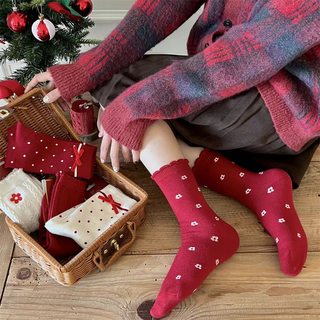 红糖年糕 女式中筒袜 红色 蝴蝶结波点