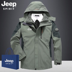 JEEP SPIRIT 冲锋衣羽绒服三合一秋冬季男女户外情侣滑雪登山服外套两件套团购 冲锋衣男款军绿-抓绒内胆 XL