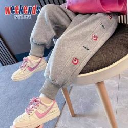 sulisi weekends WEEKENDS女童裤子秋冬新款儿童宽松休闲运动裤草莓熊洋气百搭长裤