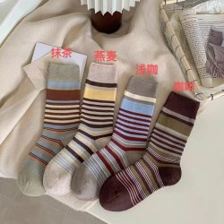 红糖年糕 美拉德撞色条纹 中筒袜女韩版复古透气堆堆袜百搭小腿袜子 5双装