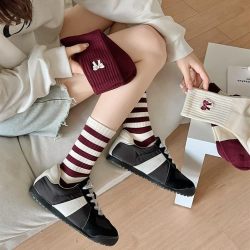 红糖年糕 可爱风刺绣 蝴蝶结中筒袜女条纹百搭学院风潮袜 5双装
