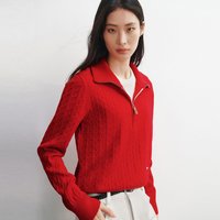 移动端：太平鸟 绞花羊毛混纺半开襟拉链套衫 女士针织衫