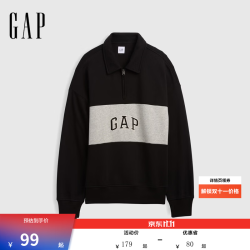 Gap 000911585 Logo刺绣撞色宽松Polo领卫衣 黑色 XS