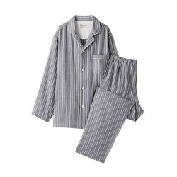 無印良品 MUJI 无侧缝双层纱织 藏青色条纹 XL 家居服套装