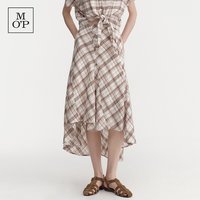 Marc O'Polo 复古格纹不规则半身裙女高腰显瘦系带飘逸中长裙 白底棕格G04 S