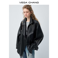 VEGA CHANG 哑光黑皮衣女2026新款春收腰酷飒皮衣外套