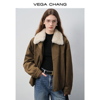 VEGA CHANG 麂皮短外套女款毛绒领宽松棉服棉衣