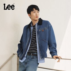 Lee 26秋冬新品宽松版logo翻领男长袖牛仔夹克拉链外套