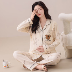 婧麒 月子服春秋产后舒适透气孕妇睡衣长袖长裤春秋产妇家居服舒适透气 简约熊杏Jyz219788 L码