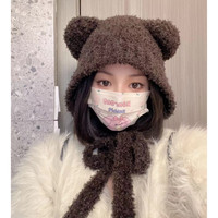 可爱小熊毛线帽子女秋冬保暖护耳帽时尚百搭包头针织帽