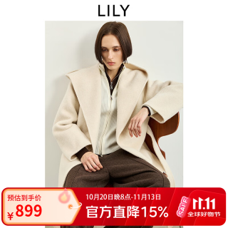 LILY 2026冬新款羊毛混纺连帽披肩大翻领通勤双面呢毛呢外套女短款 604米白 M /165/84A
