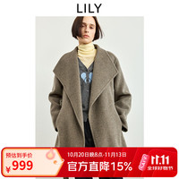 LILY 100%羊毛LILY2026冬新款大翻领落肩宽松通勤收腰双面呢毛呢外套女 712褐色 S /160/80A