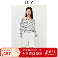 LILY 2026夏新款度假风松弛感撞色印花一字肩气质通勤休闲雪纺衫女 606浅米 M