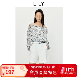 LILY 2026夏新款度假风松弛感撞色印花一字肩气质通勤休闲雪纺衫女 606浅米 M
