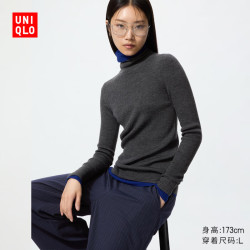 优衣库 精纺美利奴羊毛罗纹两翻领针织衫女装毛衣毛衫485305 08 深灰色
