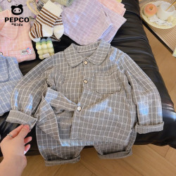 小猪班纳 儿童家居服套装女宝宝秋季卡通开衫长袖睡衣两件套男童翻领套装 鱼尾灰 130